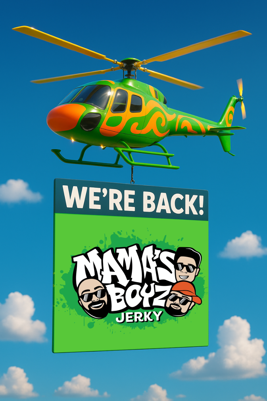 Helicopter with 'Mama's Boyz Jerky' sign against a blue sky