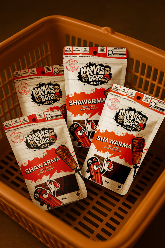 Basket with packages of Mama's Boyz Jerky Shawarma flavour