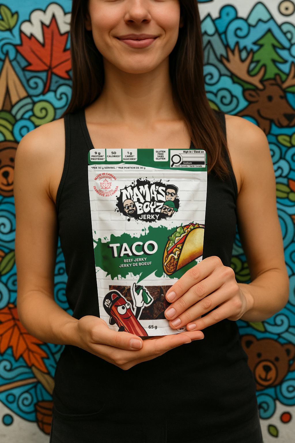 Person holding a package of Mama's Boyz Jerky in front of a colorful mural.