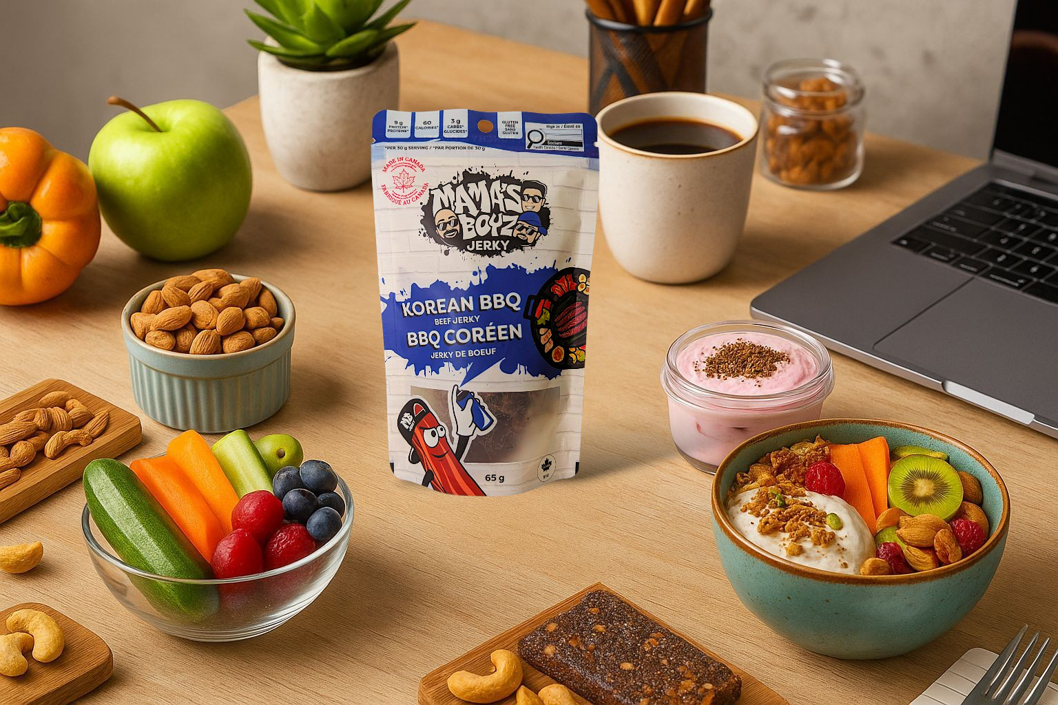 Korean BBQ Jerky on table with other snacks