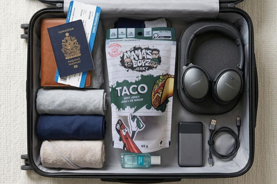 Taco Beef Jerky packed in a suitcase