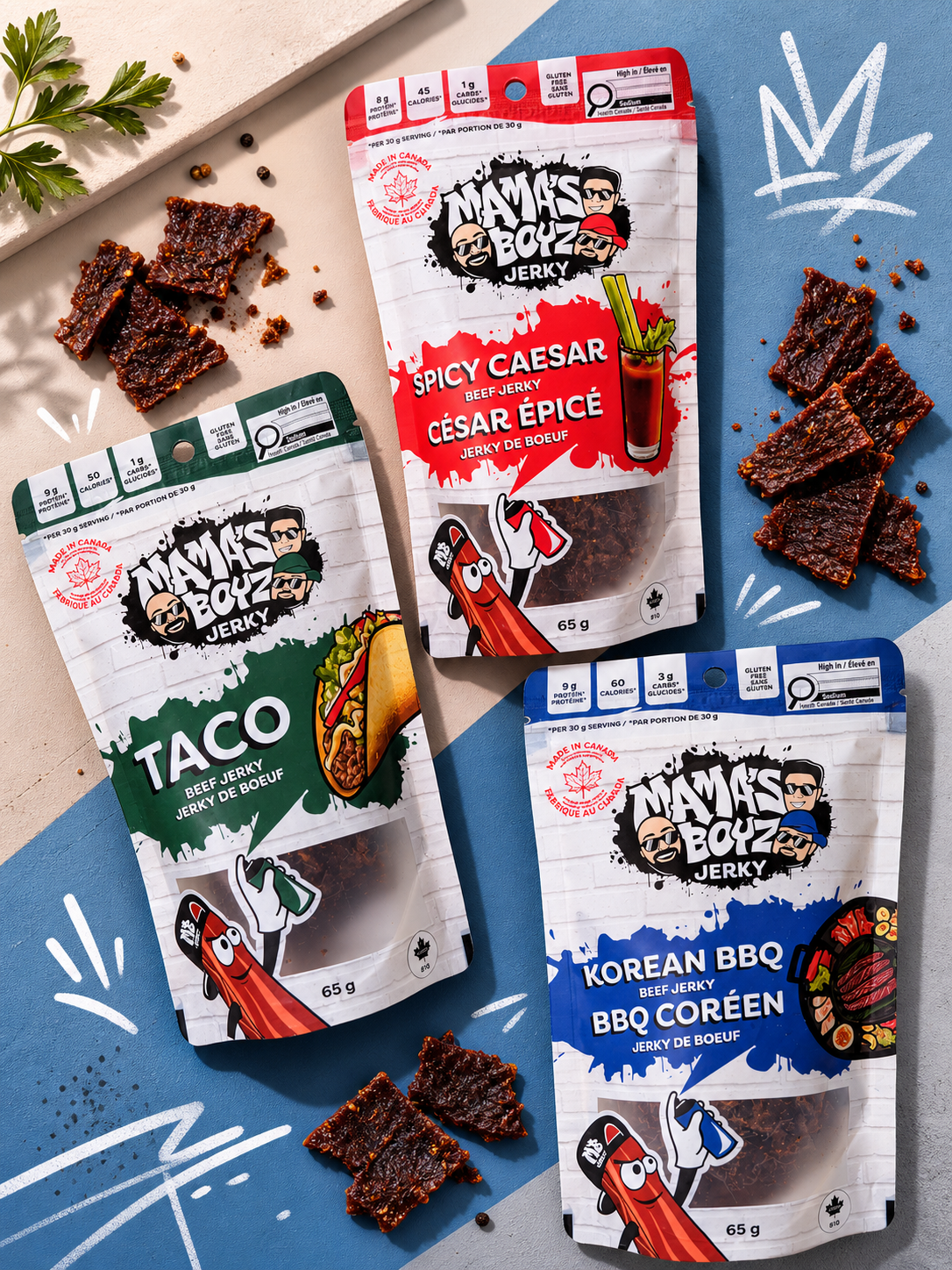 Mama's Boyz Jerky - Korean BBQ, Taco and Spicy Caesar flavours