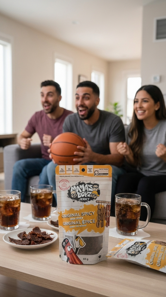 Fans enjoying Original Spicy Beef Jerky while watching a basketball game