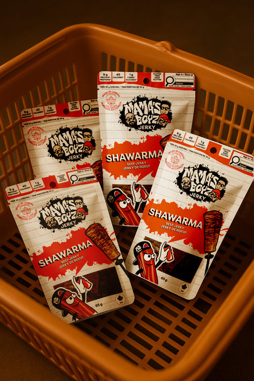 Basket with packages of Mama's Boyz Jerky Shawarma flavour