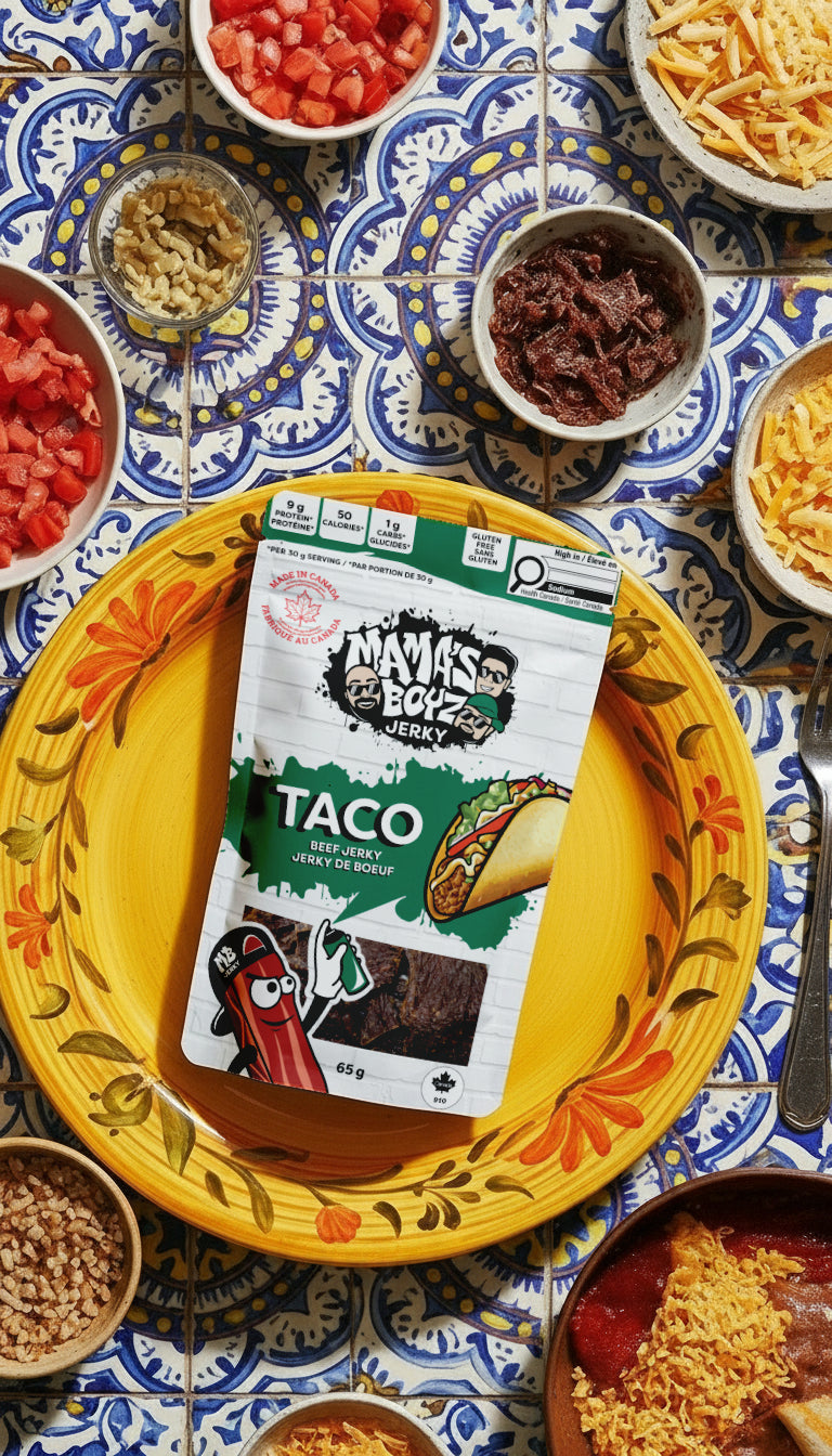 Taco beef jerky pouch on a Mexican dining table